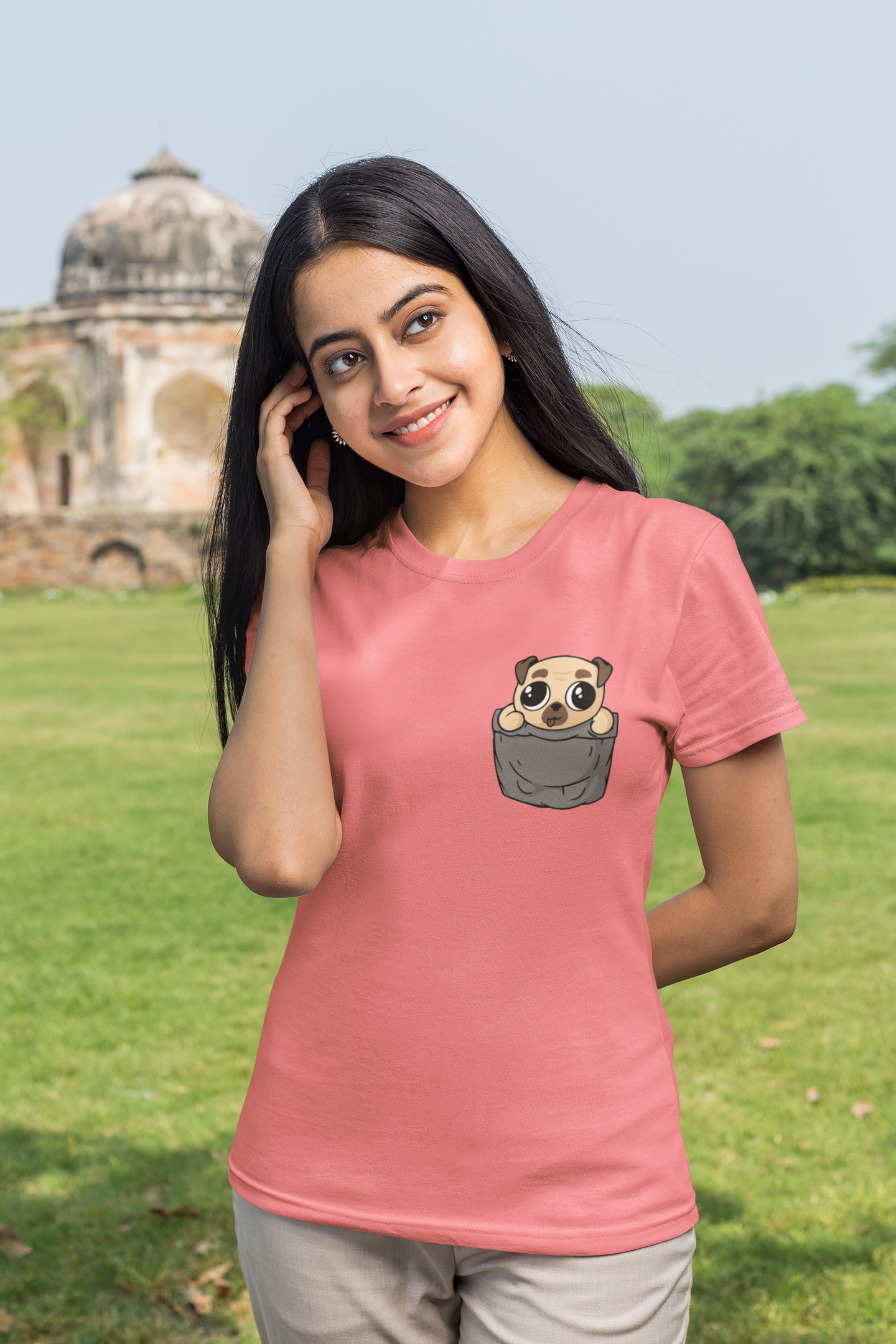Women's Round Neck Pocket Puppy Print T-shirt