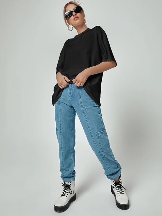 Unisex Solid French Terry Oversized T-shirts BLACK