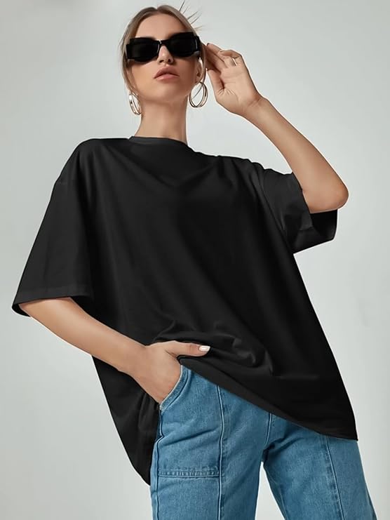 Unisex Solid French Terry Oversized T-shirts BLACK