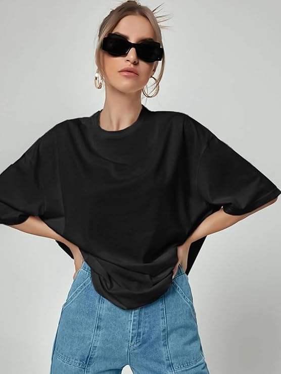Unisex Solid French Terry Oversized T-shirts BLACK
