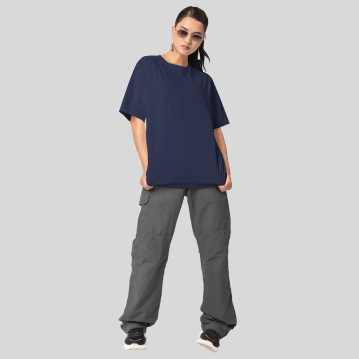 Unisex Solid French Terry Oversized T-shirts NAVY BLUE