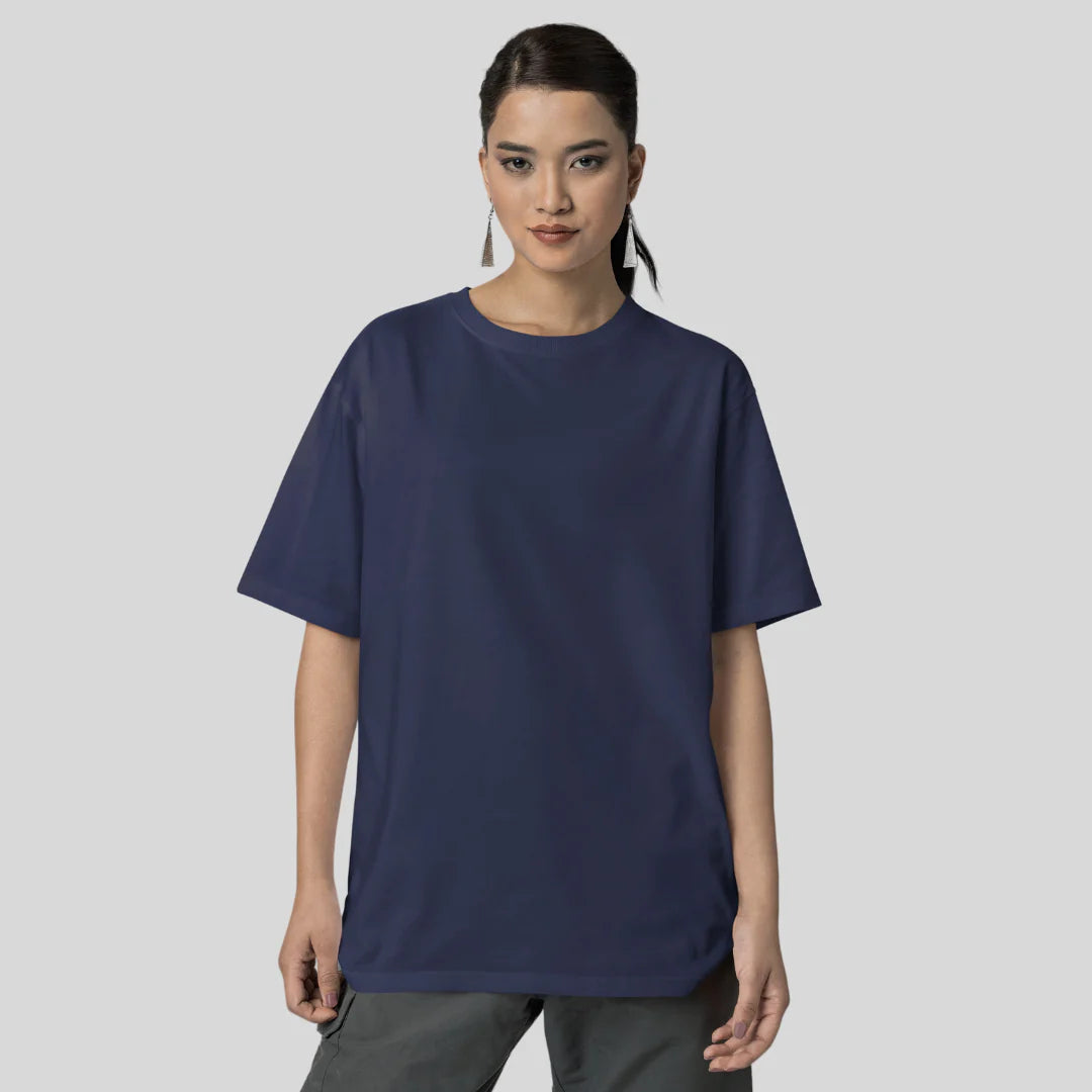 Unisex Solid French Terry Oversized T-shirts NAVY BLUE
