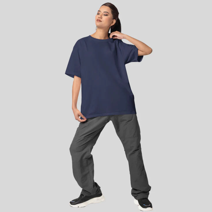 Unisex Solid French Terry Oversized T-shirts NAVY BLUE