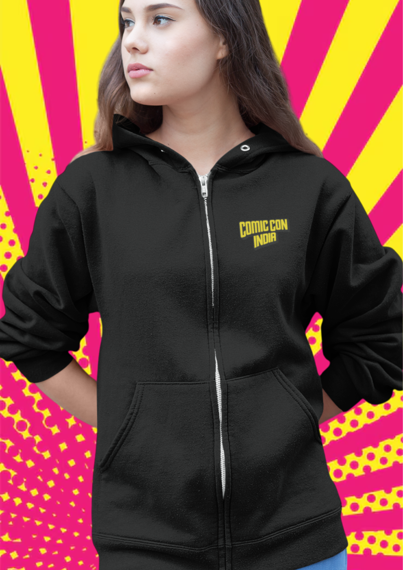 Comic Con India Heavyweight Thick Zip Hoodie Black for Men and Women - Free Sipper