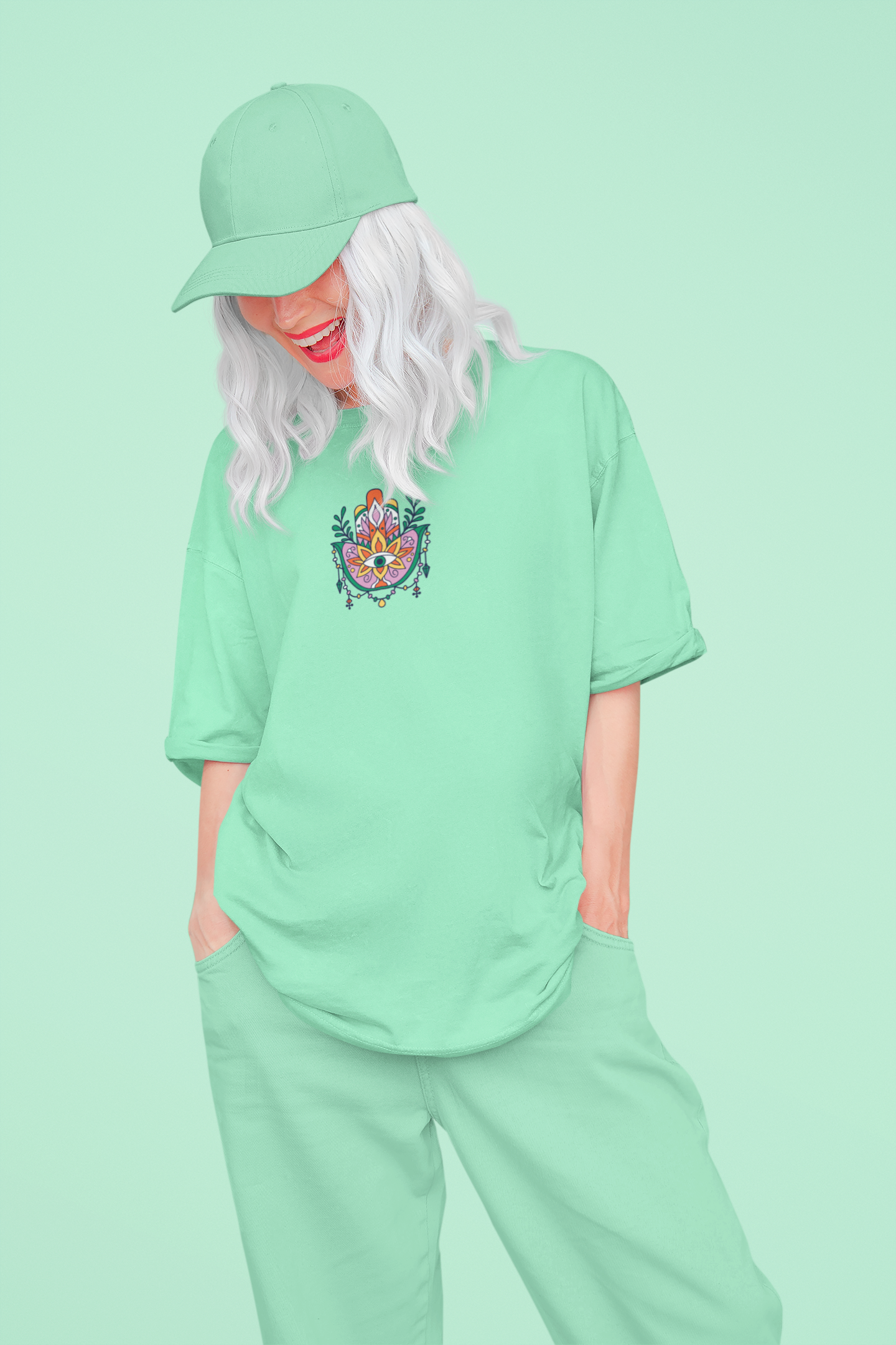 Unisex Hamsa Symbol French Terry Oversized Fit Jade Green T-shirt