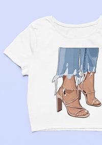 Embellished HIGH HEEL BLING Cotton Half Sleeve Black Printed Crop Top