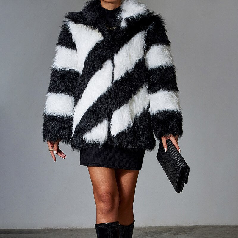 Black Faux Rabbit Fur Coat Luxury Fur Coat  Jackets Women