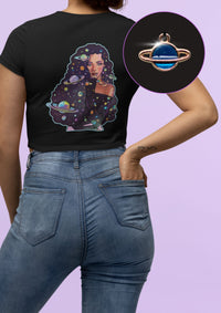 Embellished SATURN BLING Cotton Half Sleeve Black Printed Crop Top