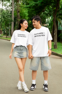 'Favourite Distraction' White Oversized Round neck Cotton t-shirt for Valentine's Gift Unisex