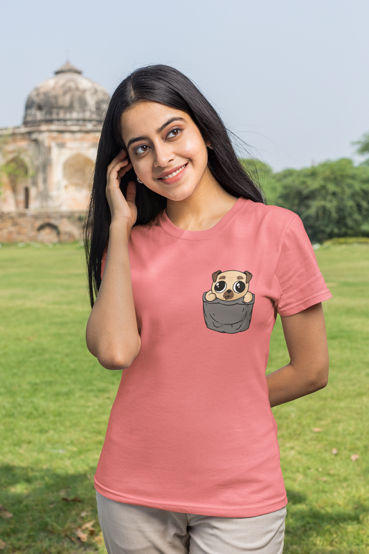 Women's Round Neck Pocket Puppy Print T-shirt