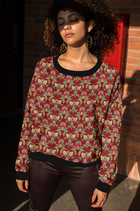 Maroon Batik Traditional Round Neck Winter Sweatshirt for Women