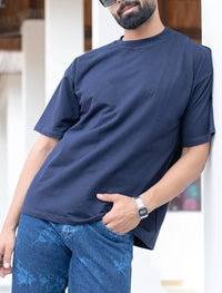 Unisex Solid French Terry Oversized T-shirts NAVY BLUE