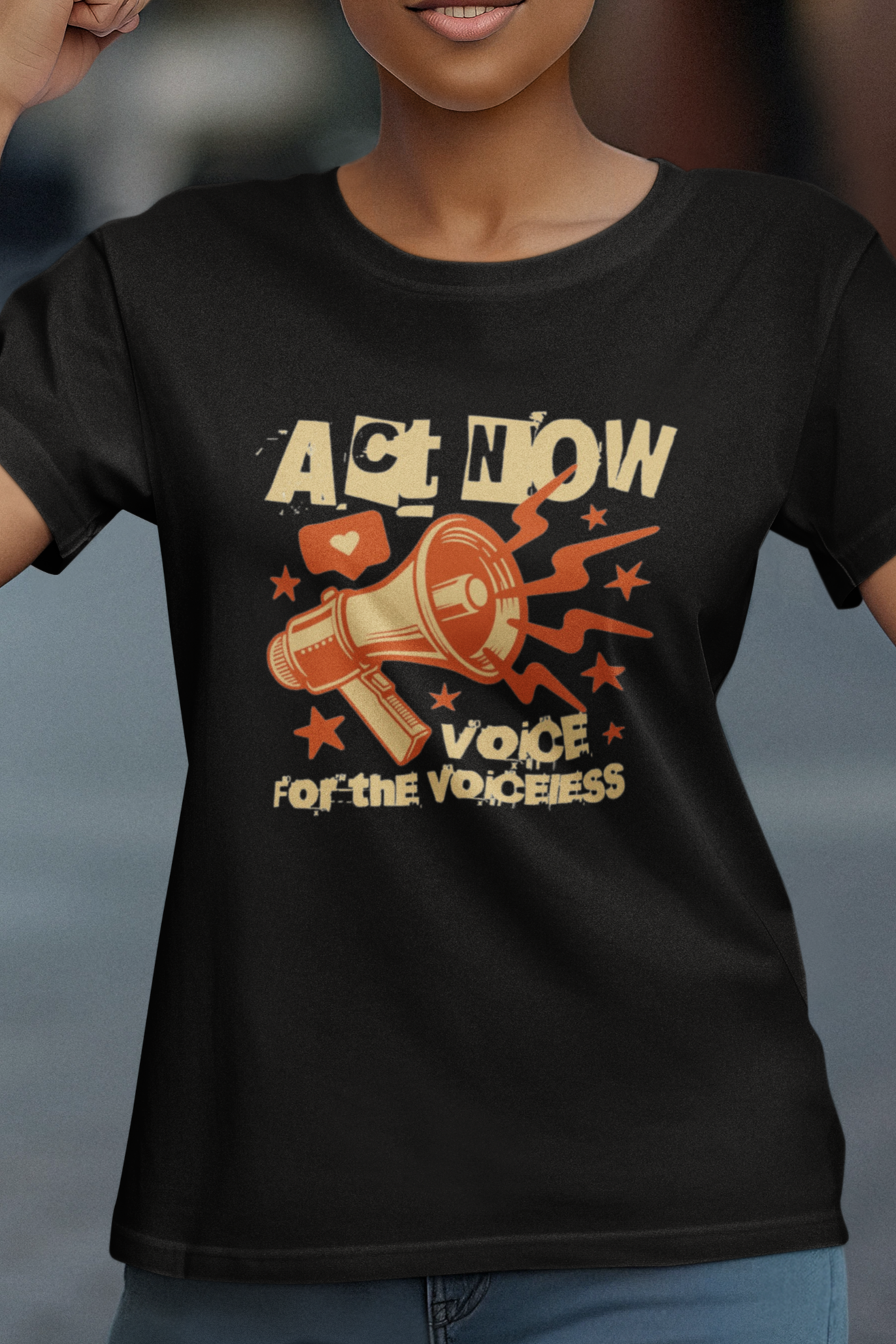 "Voice For The Voices" Black Round Neck Cotton T-shirt for Women Regular Fit