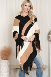 Color Block Fringe Poncho