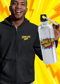 Comic Con India Heavyweight Thick Zip Hoodie Black for Men and Women - Free Sipper