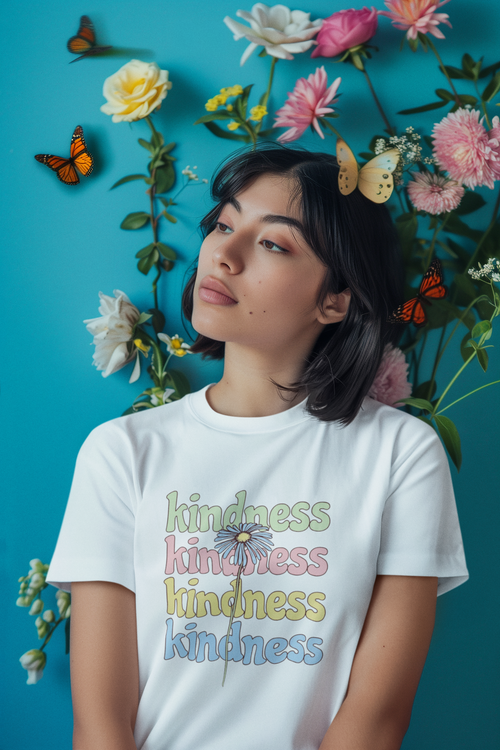 "Kindness" Round Neck Cotton White T-shirt for Women Regular Fit