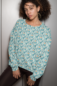 IKAT Traditional Print Seafoam Green Thick Round neck Winter Sweatshirt for Women