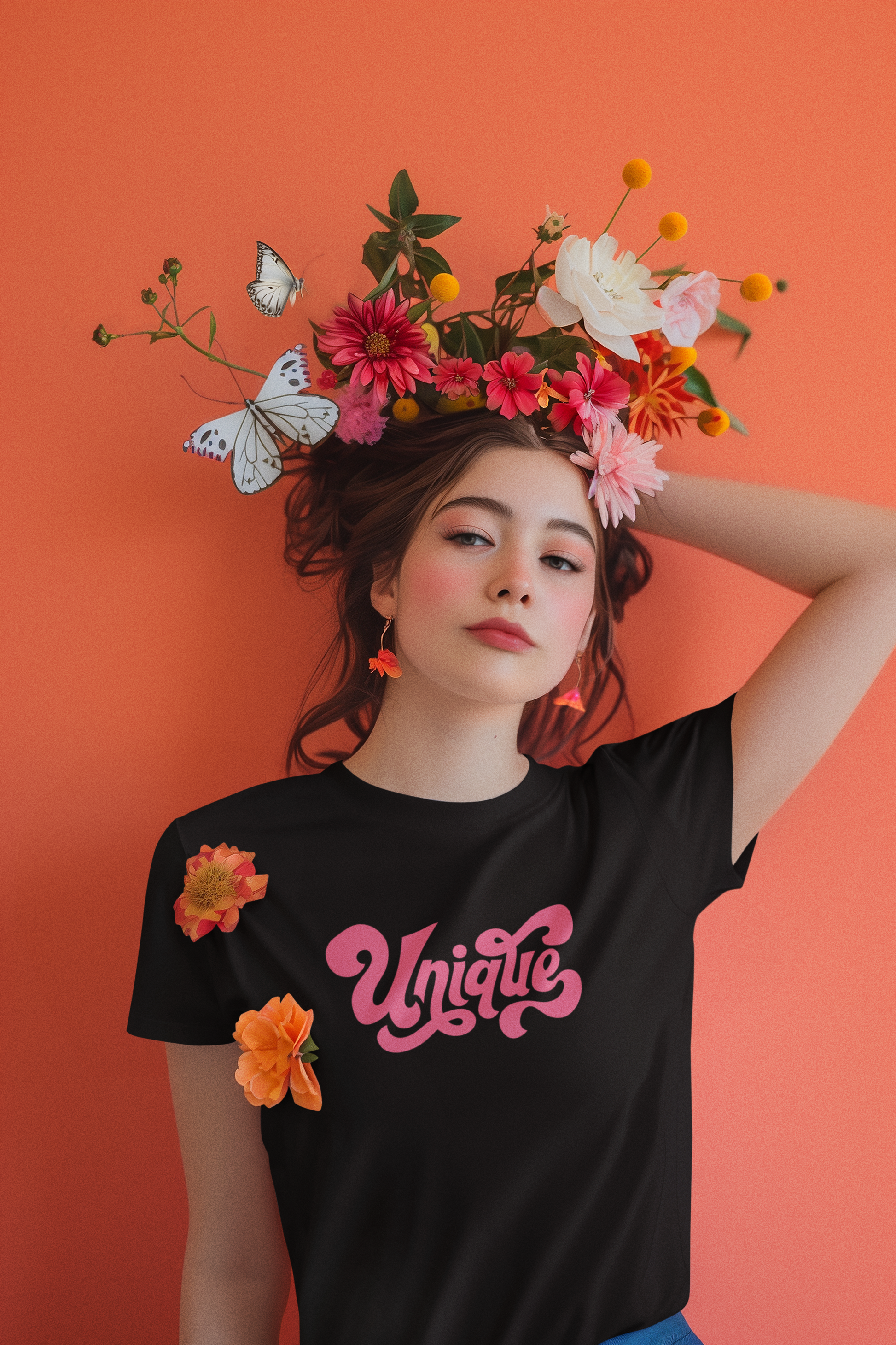 "Unique" Black Round Neck Cotton T-shirt for Women Regular Fit